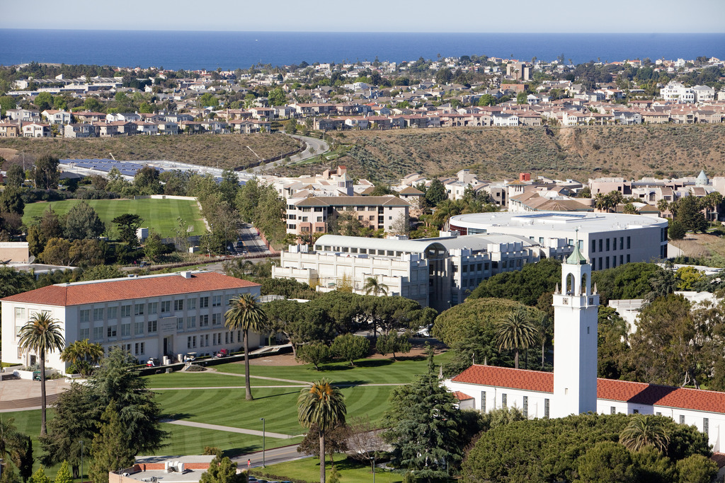 Drone shot of LMU campus with the LA skyline and ocean in the background.